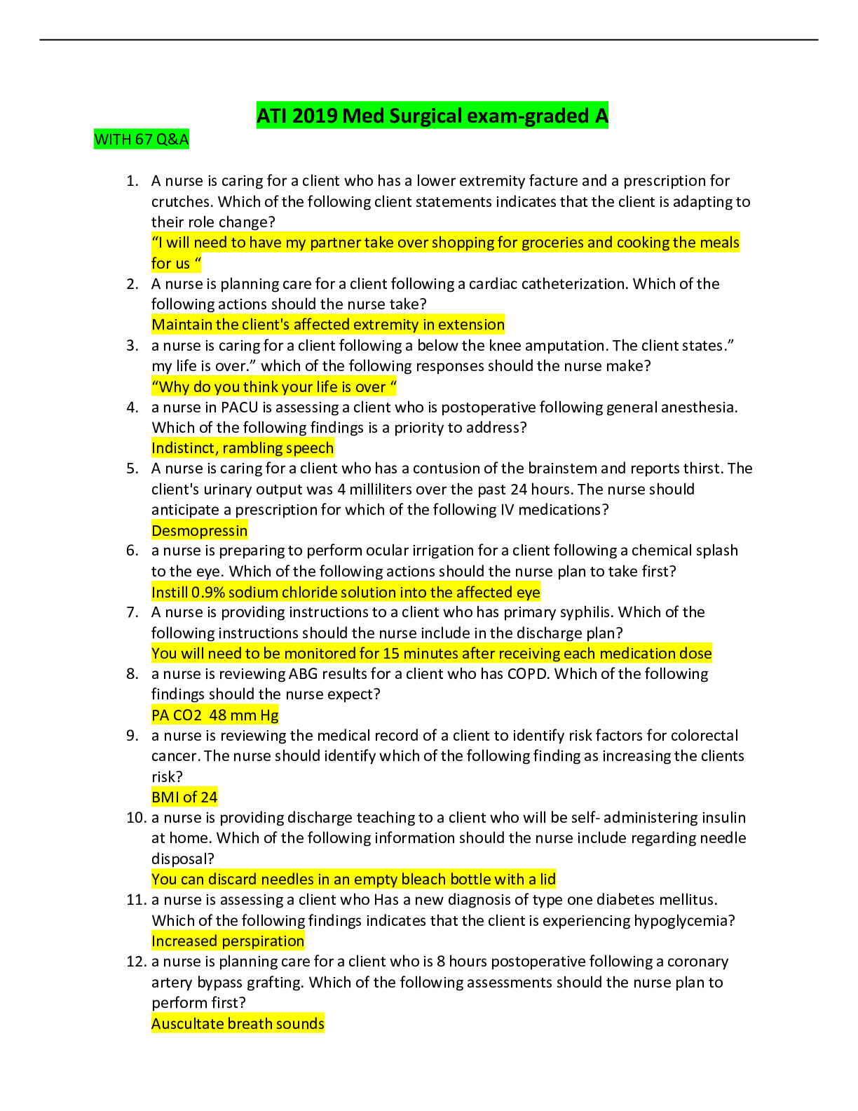 Preview of ATI 2019 Med Surgical exam-graded A